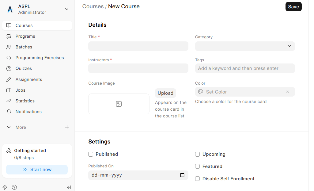 LMS Course Create Screen